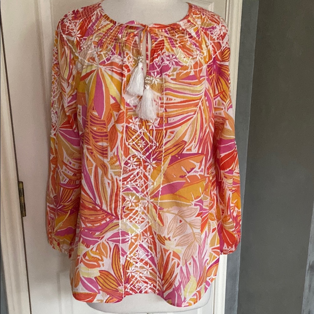 C&C California Embroidered Tropical print Tie Front cotton Blouse